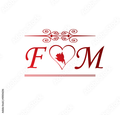 FM love initial with red heart and rose
