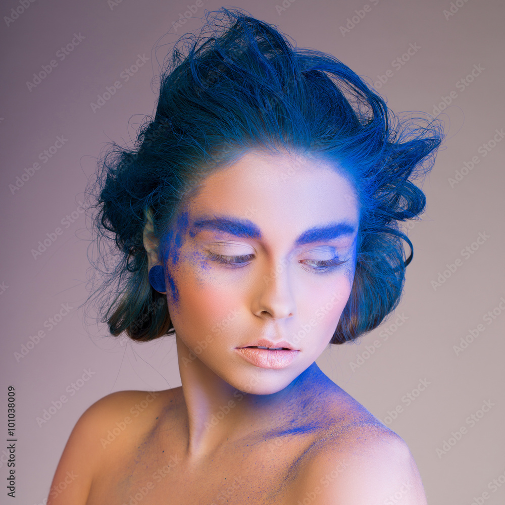 blue. studio. close up color women face art . blue. studio. close up color women face art .