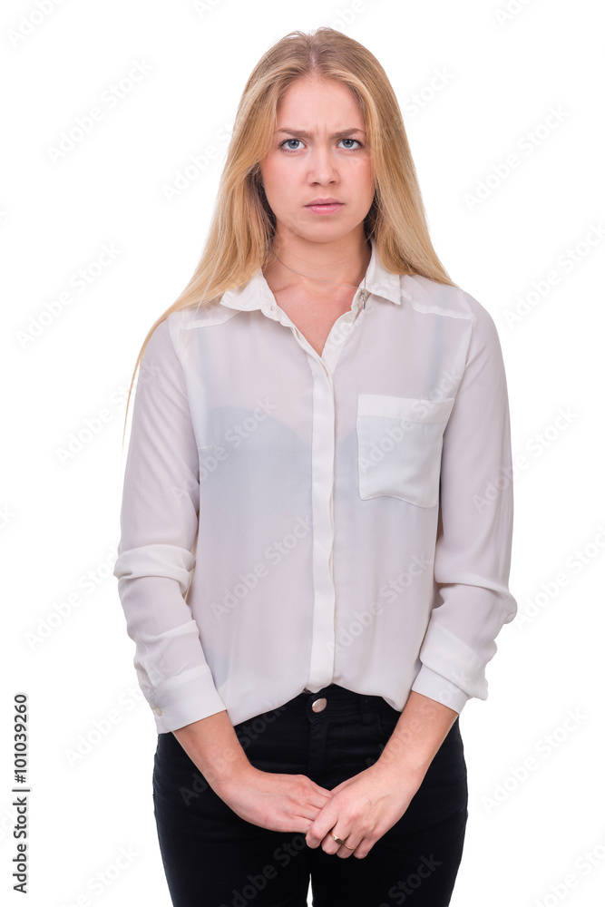 Closeup portrait of sad and depressed woman isolated on white with copyspace Closeup portrait of sad and depressed woman isolated on white with copyspace