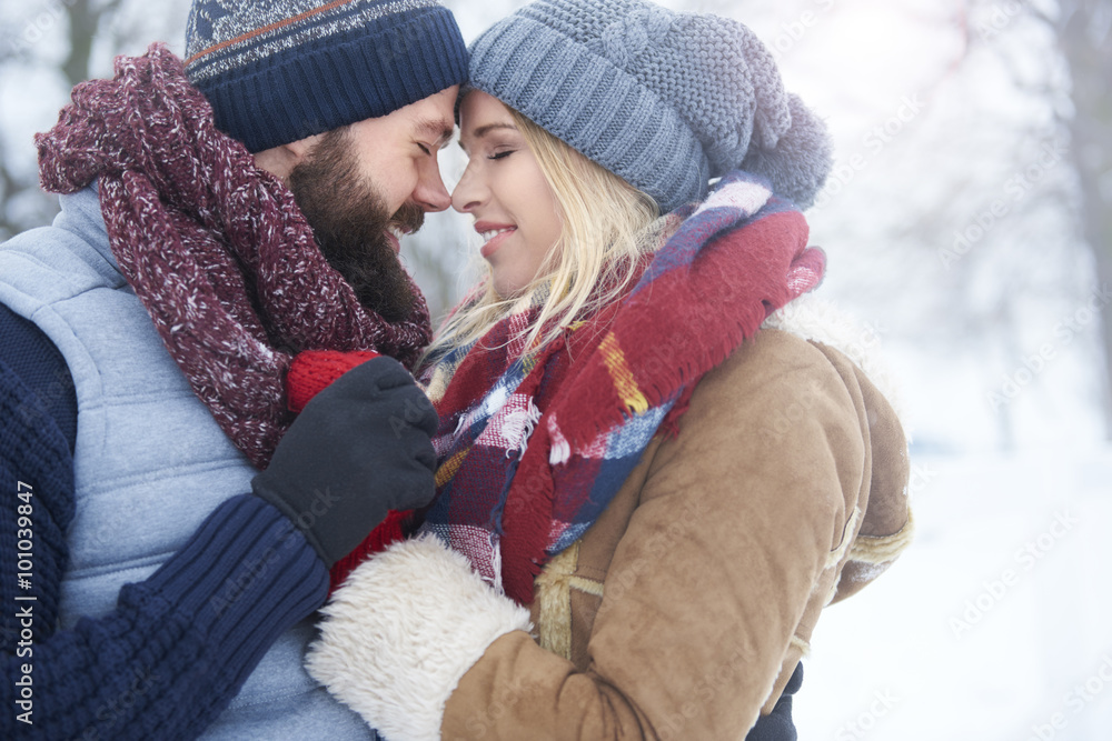 Winter love of two young people Winter love of two young people