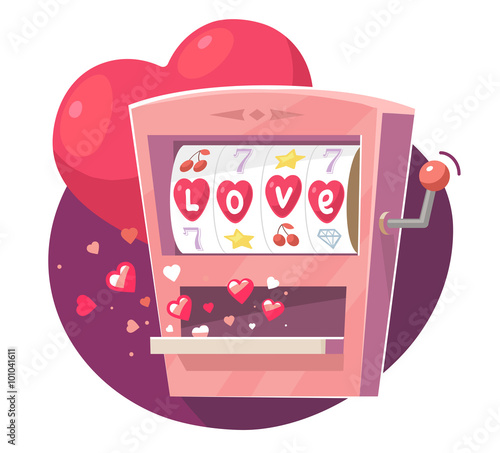 Vector illustration of gaming machine with red hearts on purple
