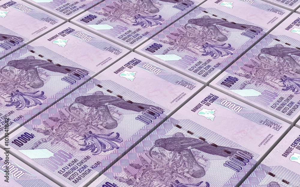 Congolese francs bills stacked background. Computer generated 3D photo rendering.