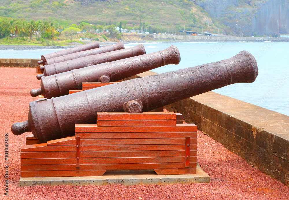 Old navy cannons on waterfront in Saint-Denis, Reunion Island.