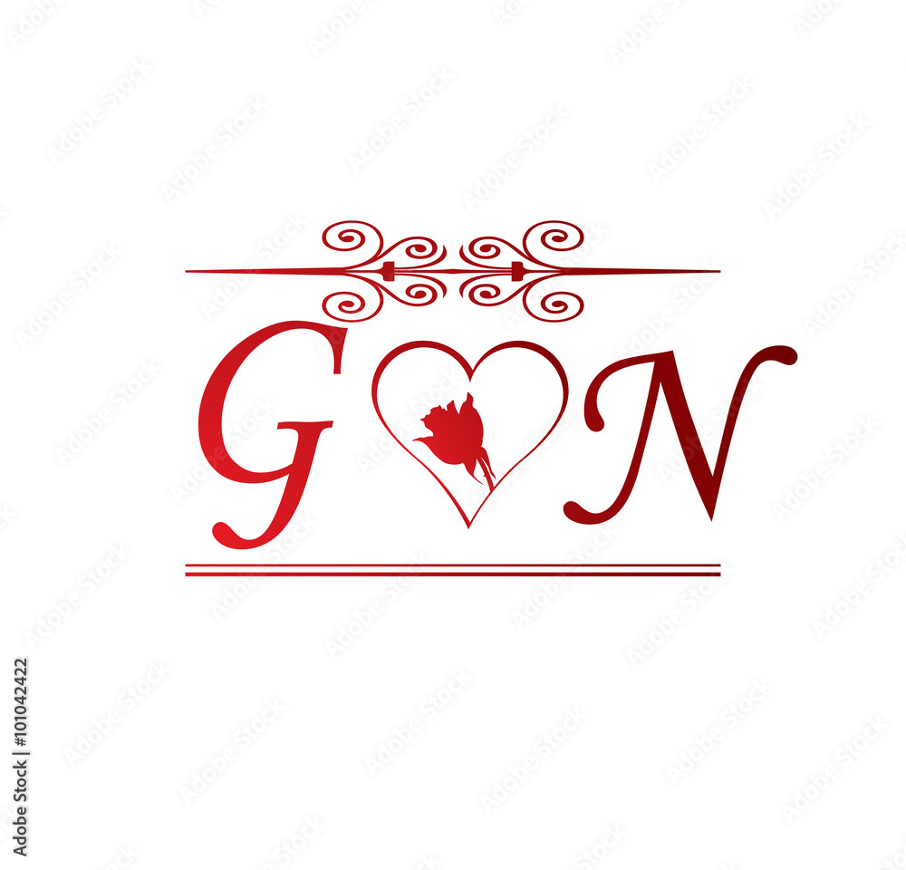 GN love initial with red heart and rose Stock Vector | Adobe Stock
