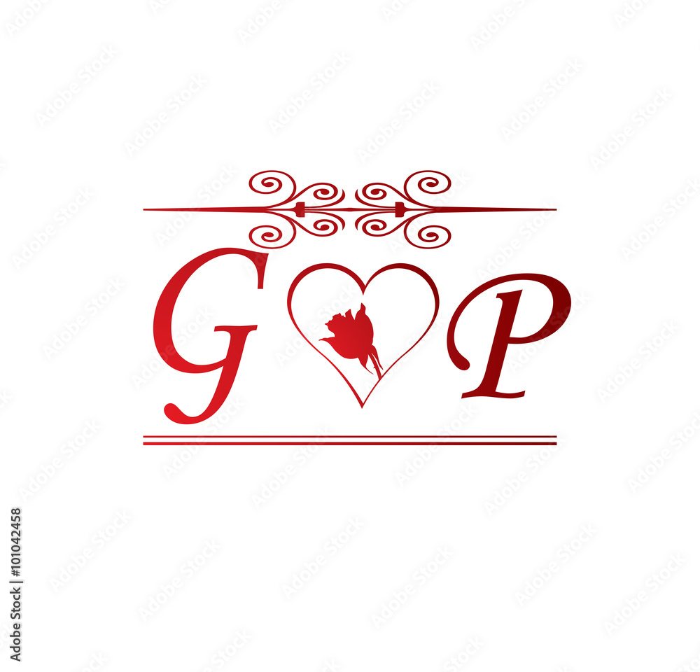 GP love initial with red heart and rose Stock Vector | Adobe Stock