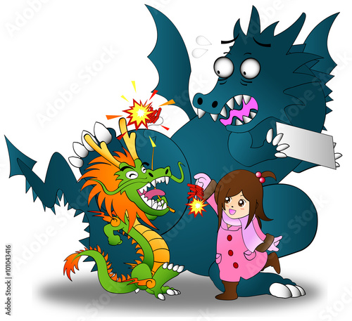 Cartoon Asian Chinese girl playing firecracker with dragon Chinese and Western celebrating Chinese New Year festival in isolated background, create by vector 