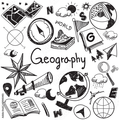 Geography geology education handwriting doodle icon of earth exploration and map design sign and symbol in isolated background paper used for presentation title with header text (vector)