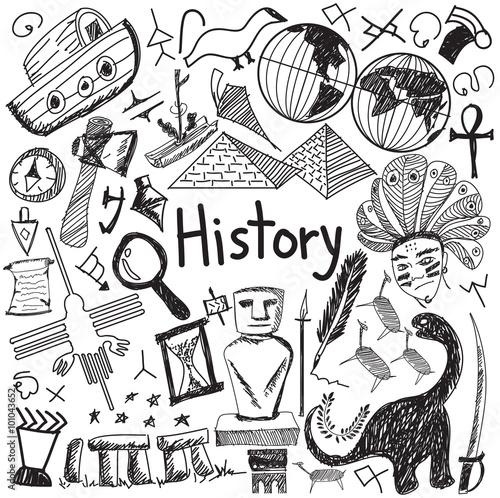 History education doodle icon of landmark location culture sign symbol white isolated background paper used for presentation title with header text, create by vector