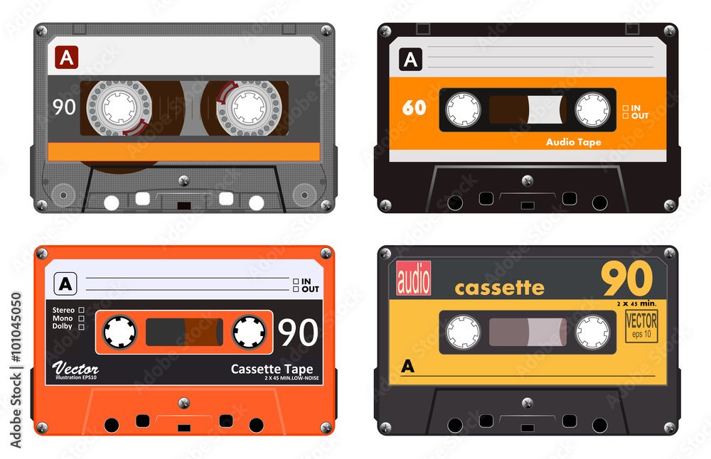 Collection of four plastic audio cassettes tape. Different colorful music tapes. Orange set. old technology, realistic retro design, vector art image illustration, isolated on white background eps10