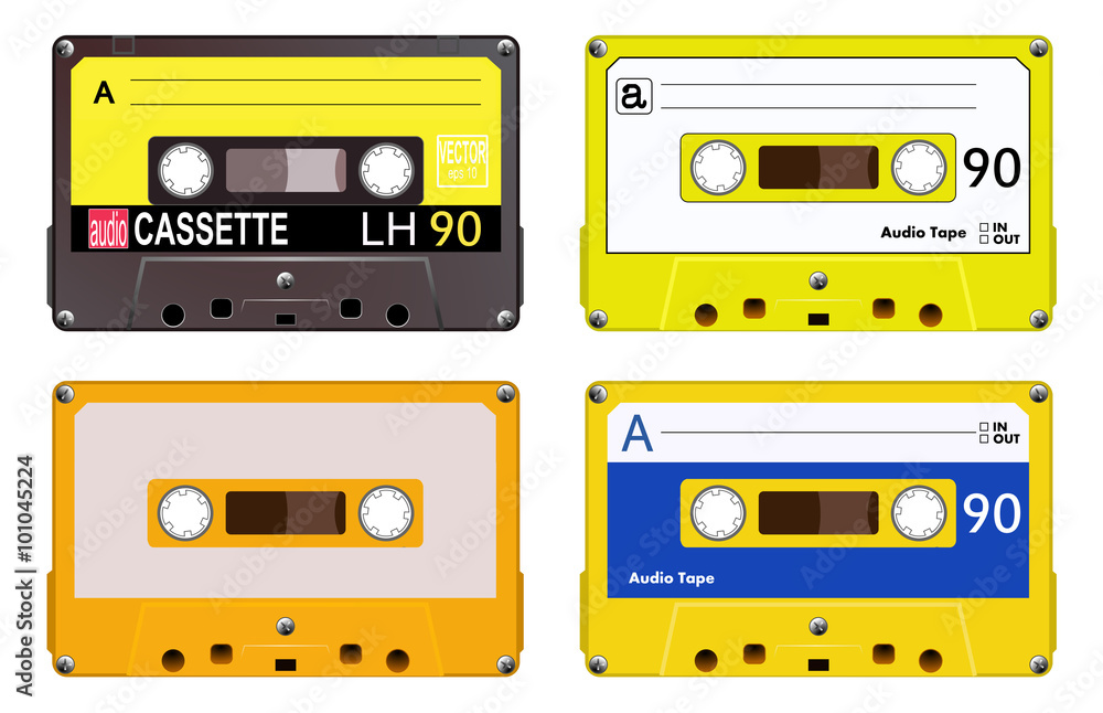 Collection of four plastic audio cassettes tape. Different colorful music tapes. Yellow set. old technology, realistic retro design, vector art image illustration, isolated on white background eps10