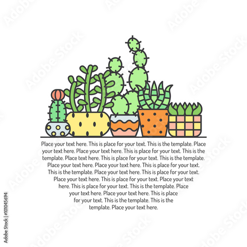 Succulents and cacti outline multicolored vector background. Modern minimalistic design. Part one.