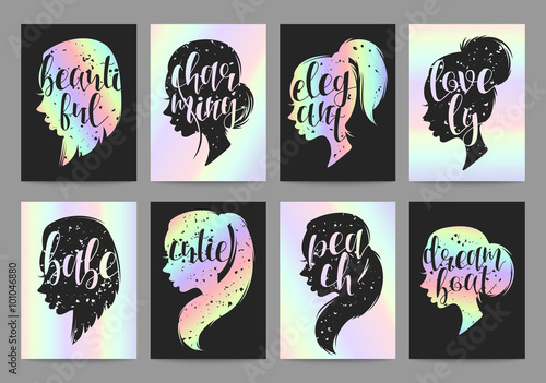 Set templates womens elegant silhouettes with different hairstyles and calligraphy