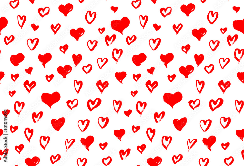 Seamless background pattern with hand drawn textured red hearts