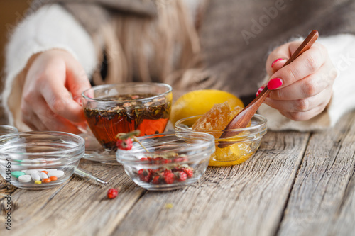 warm honey tea with herbs