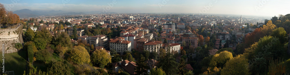 BERGAMO, ITALY - NOVEMBER 4, 2015: Citta Bassa (Lower Town) in Bergamo, Lombardy, Italy. Panoramic view pictured from the Citta Alta (Upper Town).