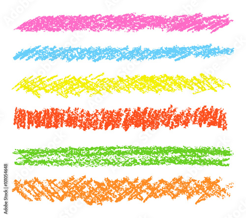 Wax crayon hand drawing design elements set. Colorful pastel chalk stripes. Vector chalk lines.