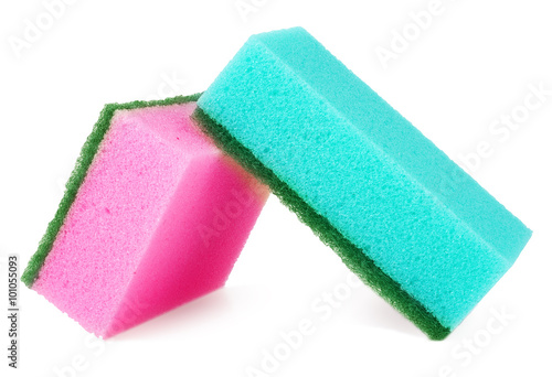 colorful sponges for washing dishes on a white background