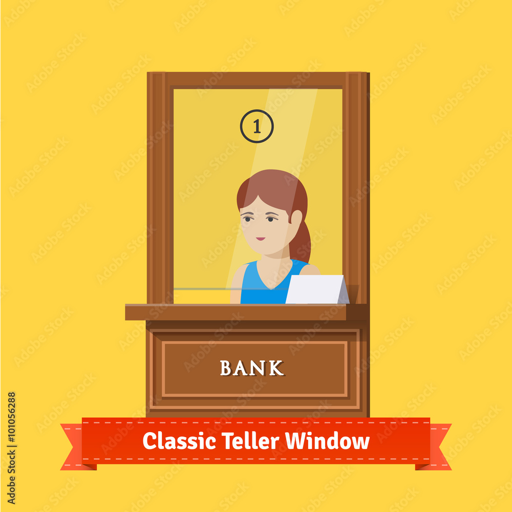 Classic bank teller window with a working clerk Stock Vector | Adobe Stock