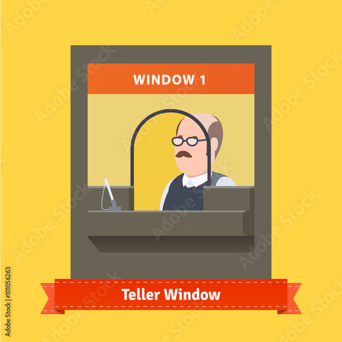 Teller window with a working bald cashier