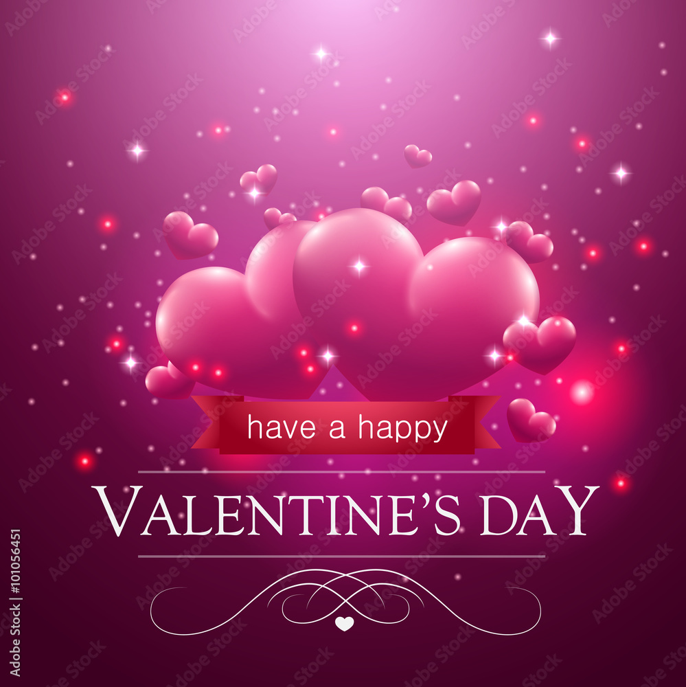 Happy Valentine's day message, pink floating hearts. Vector illustration.
