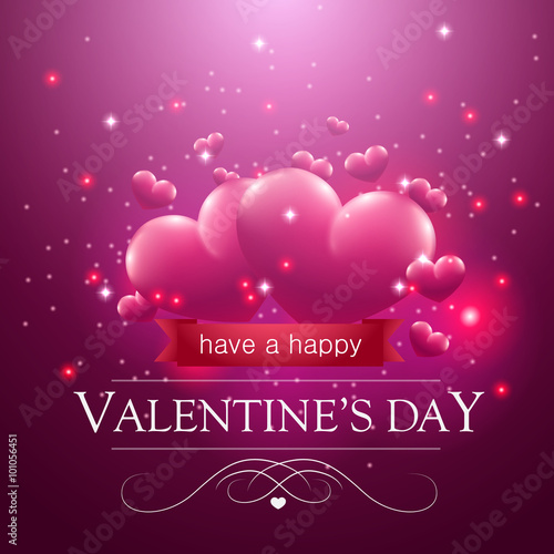 Happy Valentine's day message, pink floating hearts. Vector illustration.