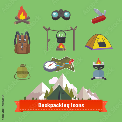 Backpacking and hiking flat icon set photo