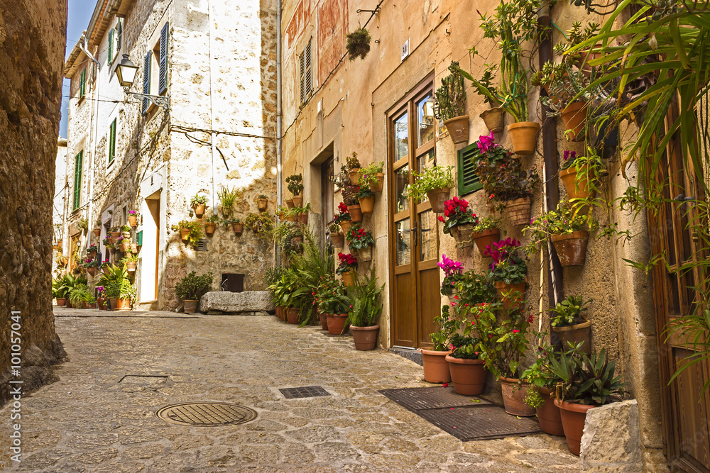 Cobbled street with pots, plants and flowers decorating the walls, Valldemossa, Mallorca, Spain.