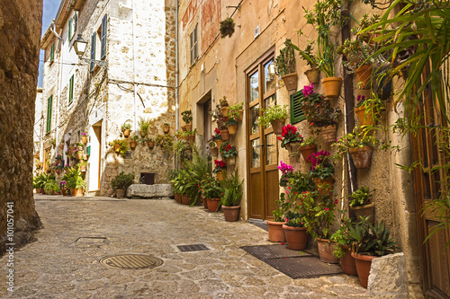 Cobbled street with pots, plants and flowers decorating the walls, Valldemossa, Mallorca, Spain.