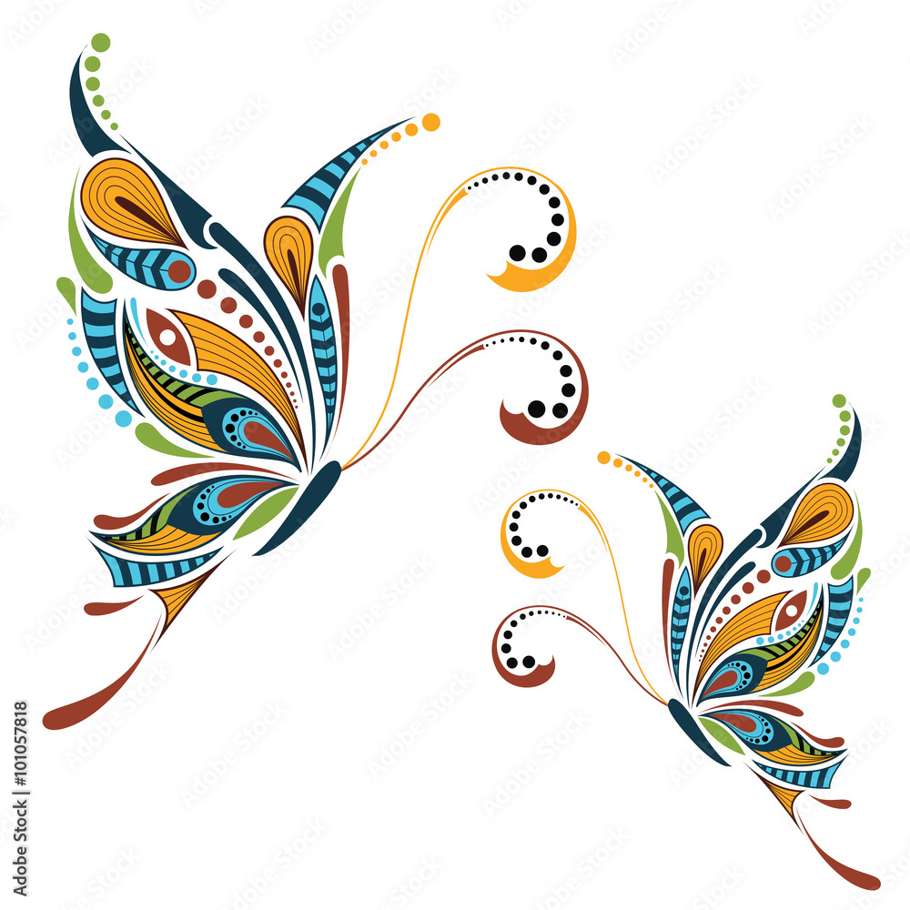 Obraz premium Patterned colored butterfly. African / indian / totem / tattoo design. It may be used for design of a t-shirt, bag, postcard and poster.