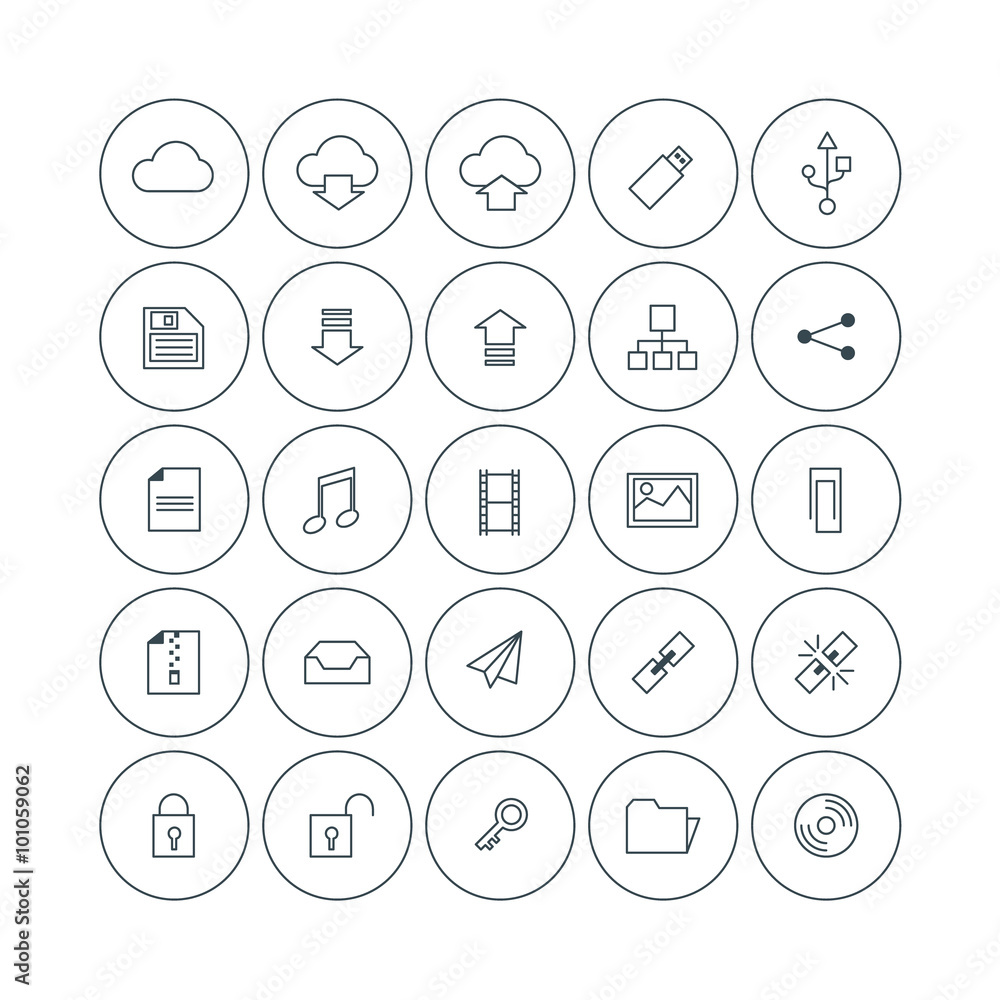 Set of Vector Thin Line Cloud Storage Icons. File Types, Storage, Security, Link Set of Vector Thin Line Cloud Storage Icons. File Types, Storage, Security, Link