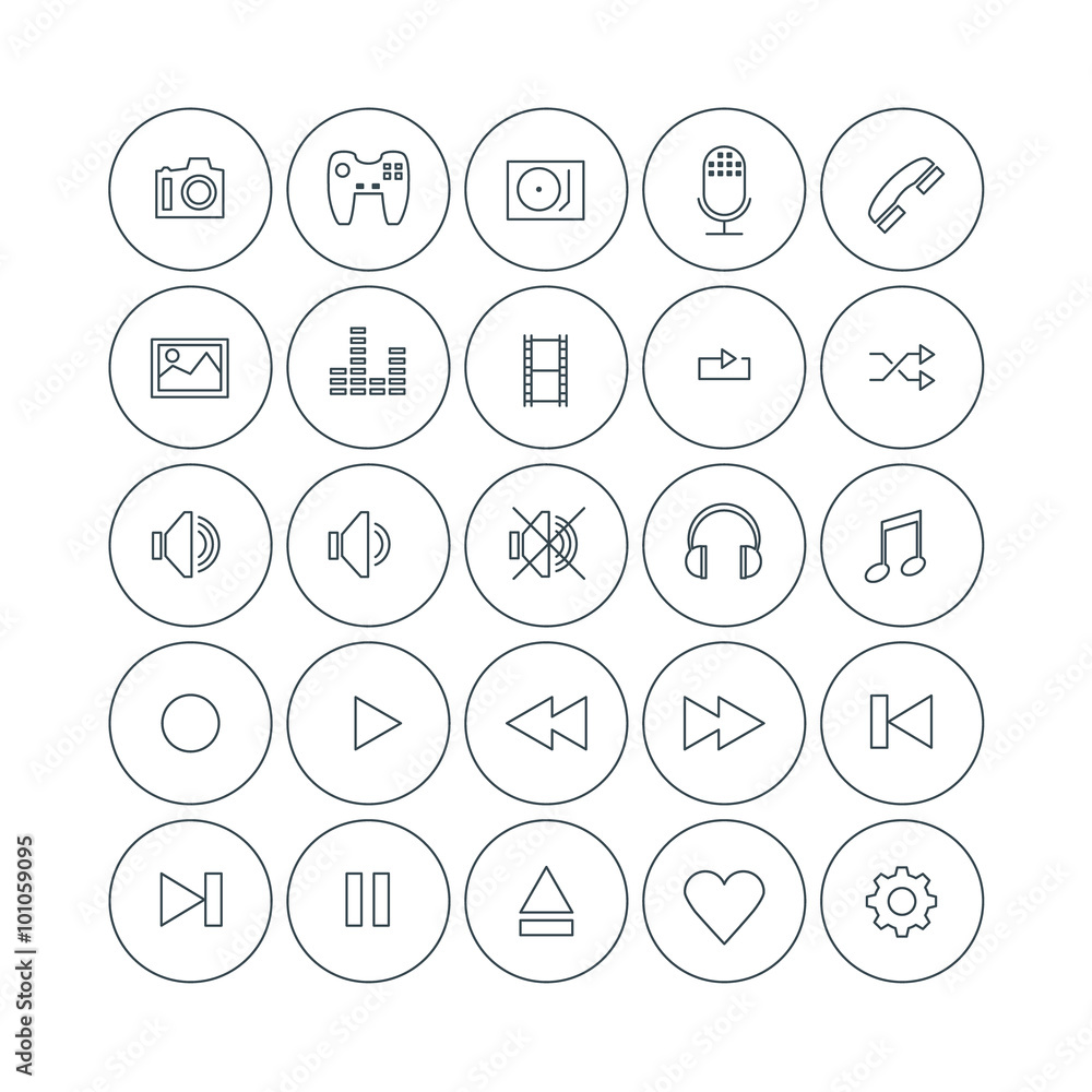 Set of Vector Thin Line Multimedia Icons. Electronic Devices, Player UI, File Types Set of Vector Thin Line Multimedia Icons. Electronic Devices, Player UI, File Types