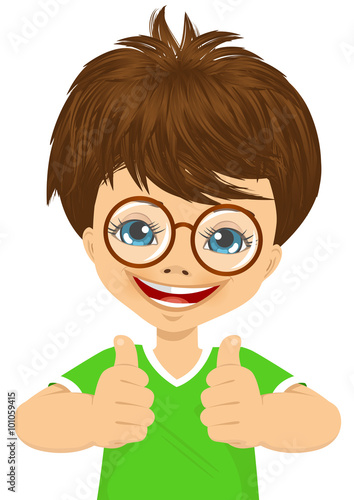 little boy with glasses showing two thumbs up