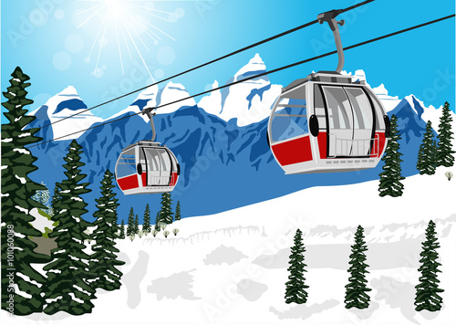 wonderful winter scenery with ski lift cable booth or car