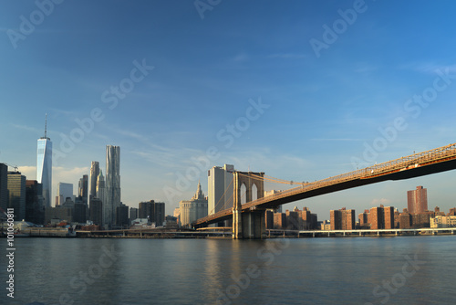 Manhattan skyline with Brooklyn Bridge.