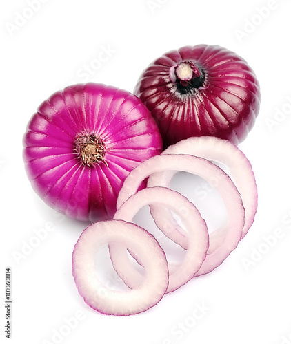 Red onion on the white close up. Onion rings
