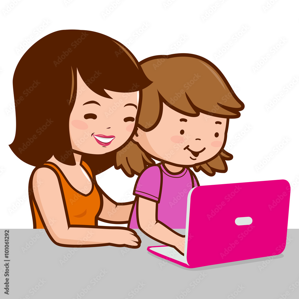 Mother and daughter looking at the computer screen. Vector illustration Mother and daughter looking at the computer screen. Vector illustration