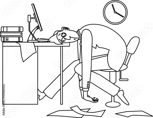 Mono-line vector illustration of an exhausted man, sitting at his desk in the office late at night, EPS 8