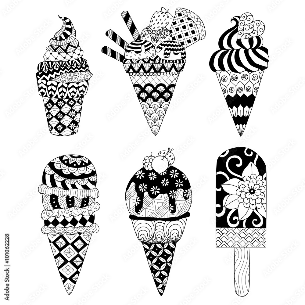 Zentangle ice cream set for coloring book for adult and other decorations.