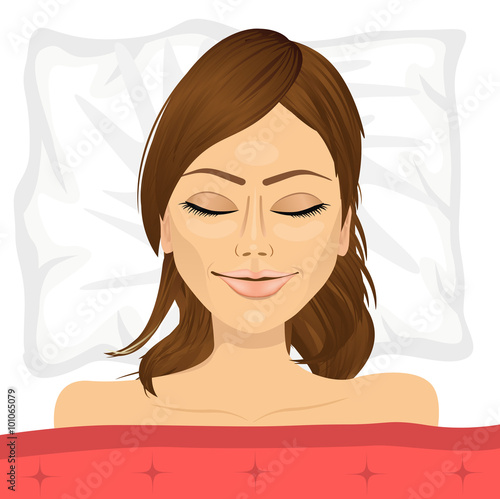 young brunette woman sleeping in bed at home