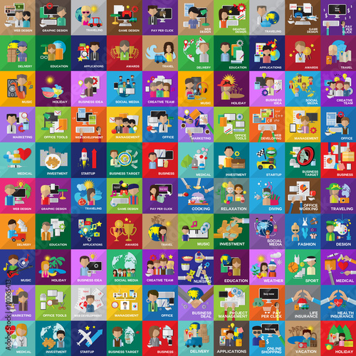 Flat Colorful Icons Set: Vector Illustration, Graphic Design. Collection Of Color Icons. For Web, Websites, Print, Presentation Templates, Mobile Applications And Promotional Materials