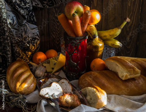 
still-life with vegetables, fruits,turkey,bread and cheese
 photo