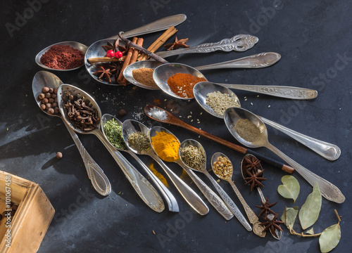 spices in the spoons on black background photo