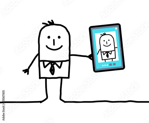 cartoon businessman taking a picture of himself
