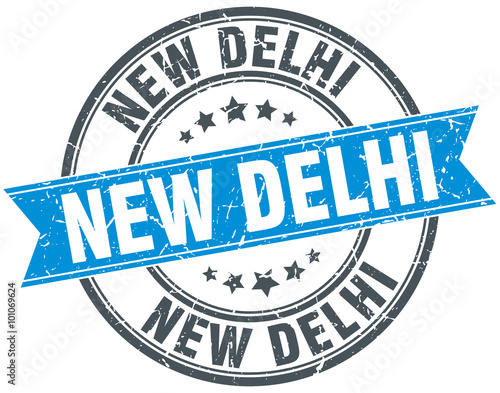 New Delhi blue round grunge vintage ribbon stamp
