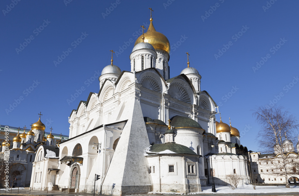 The Archangel Cathedral of the Moscow Kremlin on a Sunny winter day, Russia