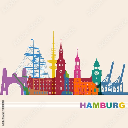 Hamburg Skyline bunt Rathaus Störtebeker Hafen Doks Kräne Landungsbrücken Michel Rickmer-Rickmers Elbebrücken bunt Logo Sehenswürdigkeiten