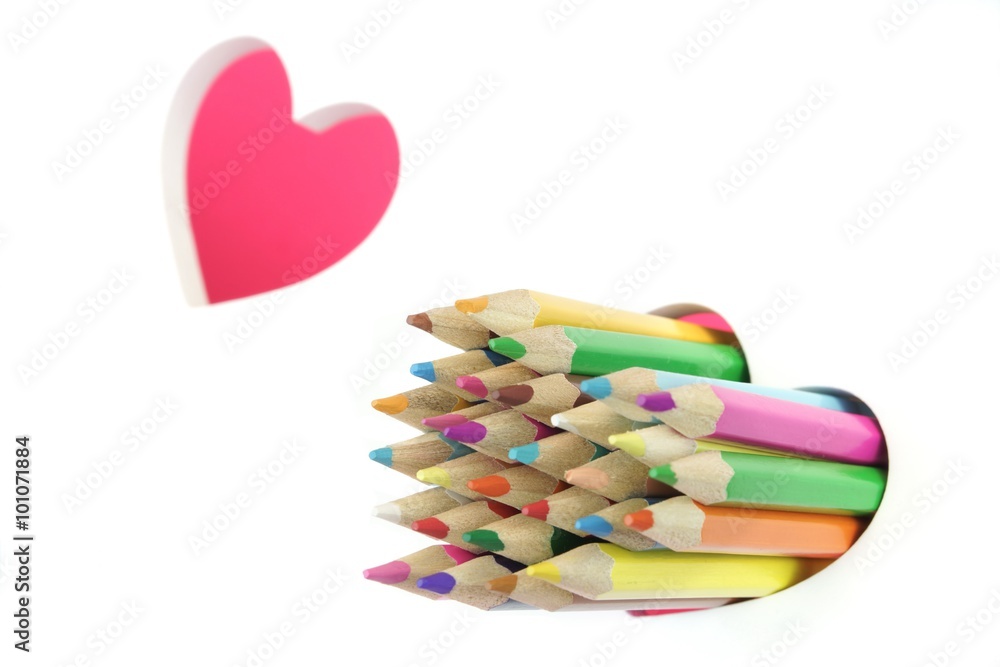 Love Concept. Color Pencils, Two Love Heart, White Background Love Concept. Color Pencils, Two Love Heart, White Background