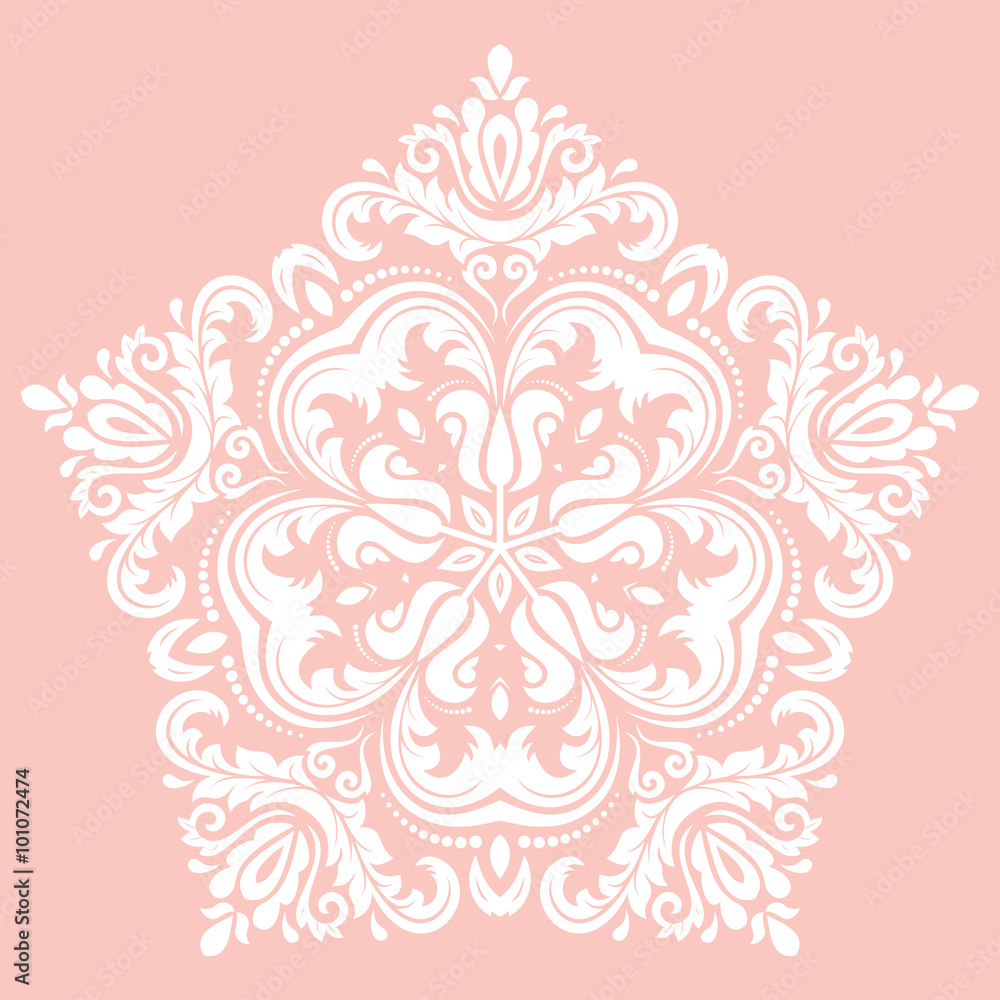 Damask vector floral pink and white pattern with oriental elements. Abstract traditional ornament