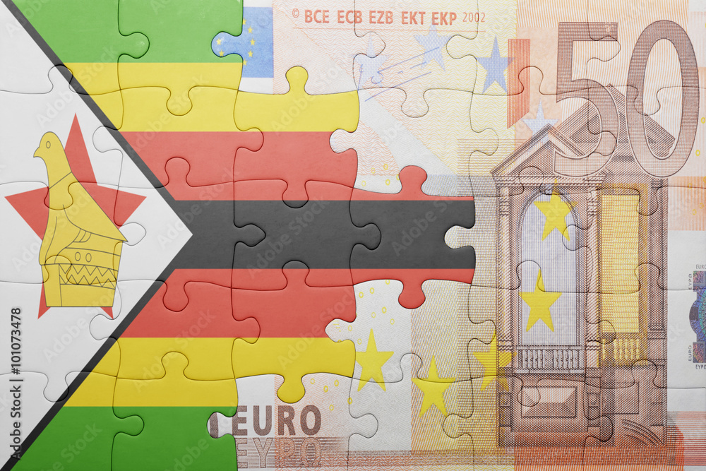 puzzle with the national flag of zimbabwe and euro banknote