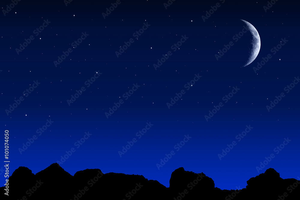 night space landscape with mountains